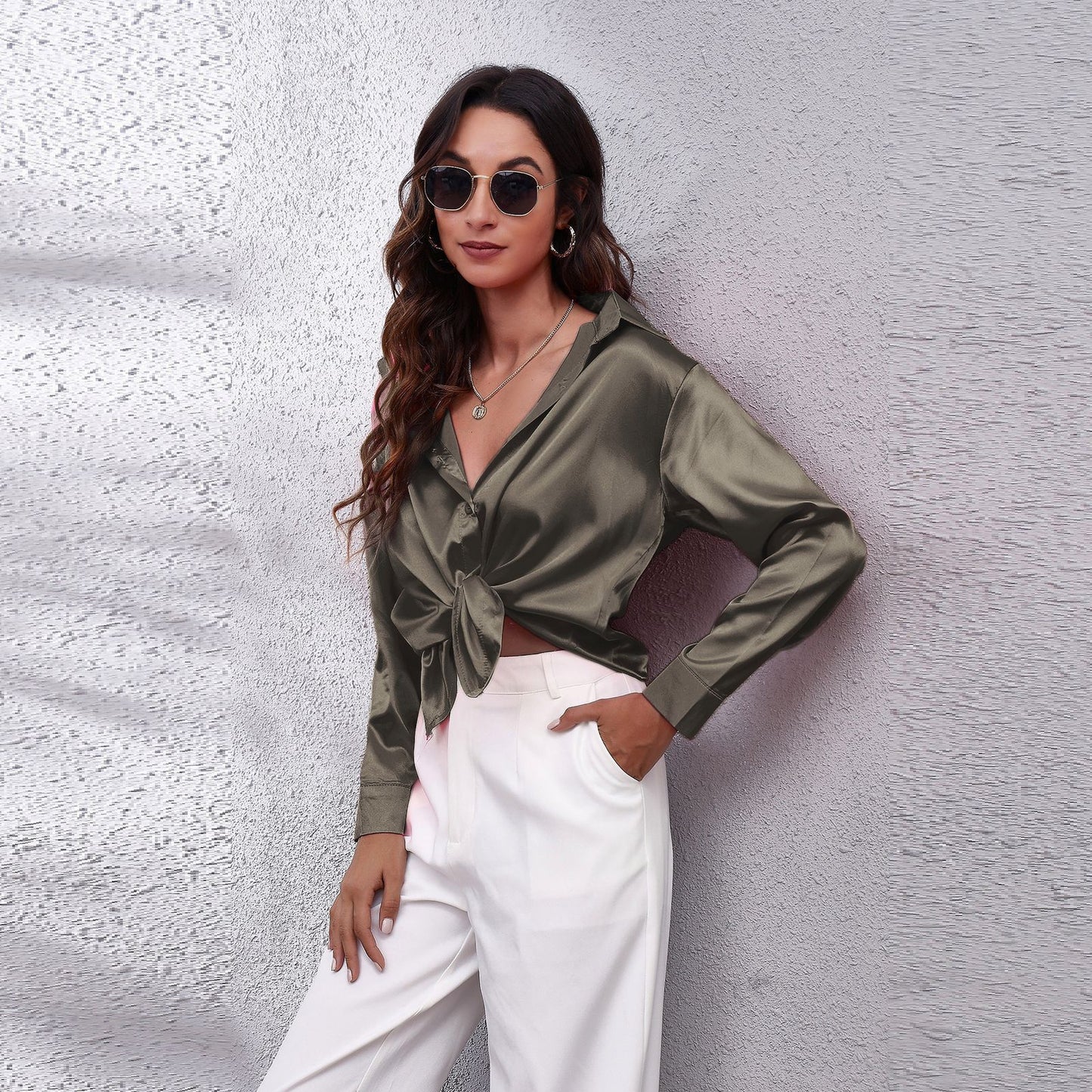 Simple Basic Solid Color Satin Long Sleeves Shirt