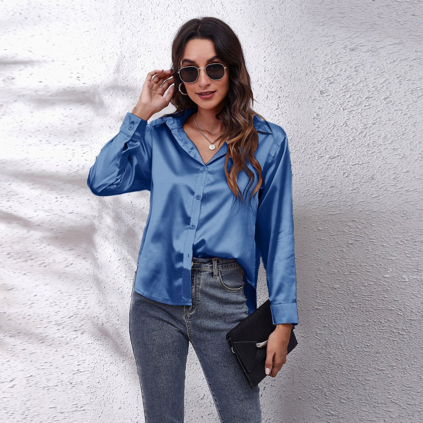 Simple Basic Solid Color Satin Long Sleeves Shirt