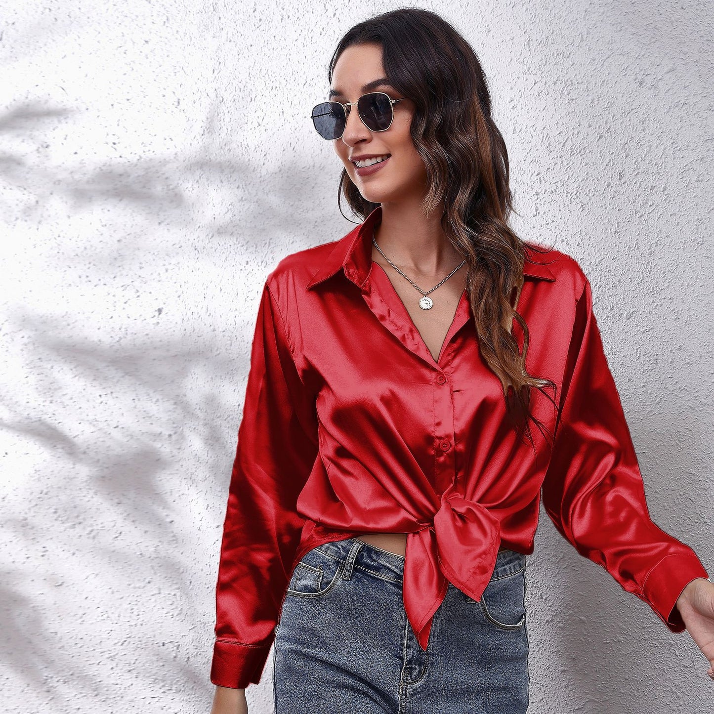 Simple Basic Solid Color Satin Long Sleeves Shirt