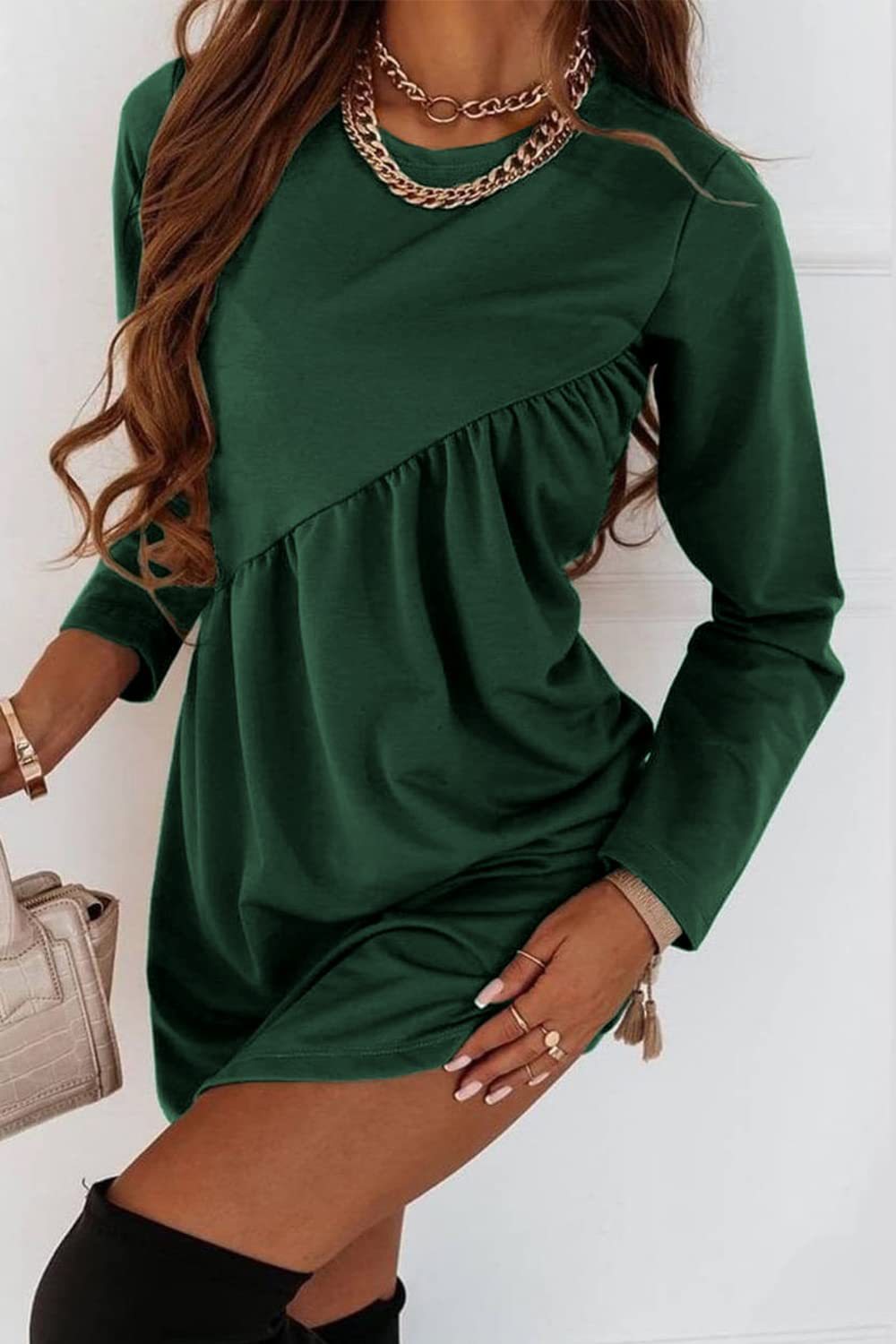 Chic Solid Color Ruched Long Sleeve Asymmetric Dress