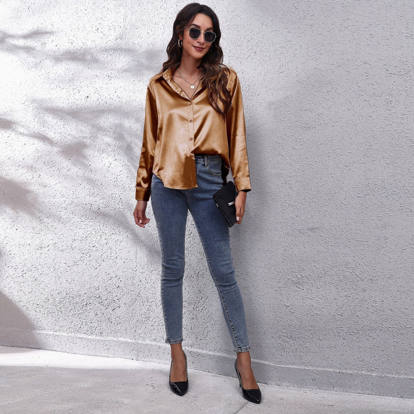 Simple Basic Solid Color Satin Long Sleeves Shirt
