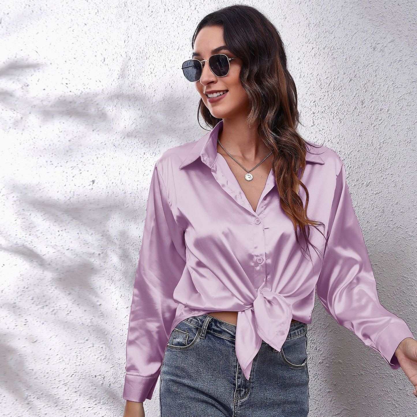 Simple Basic Solid Color Satin Long Sleeves Shirt