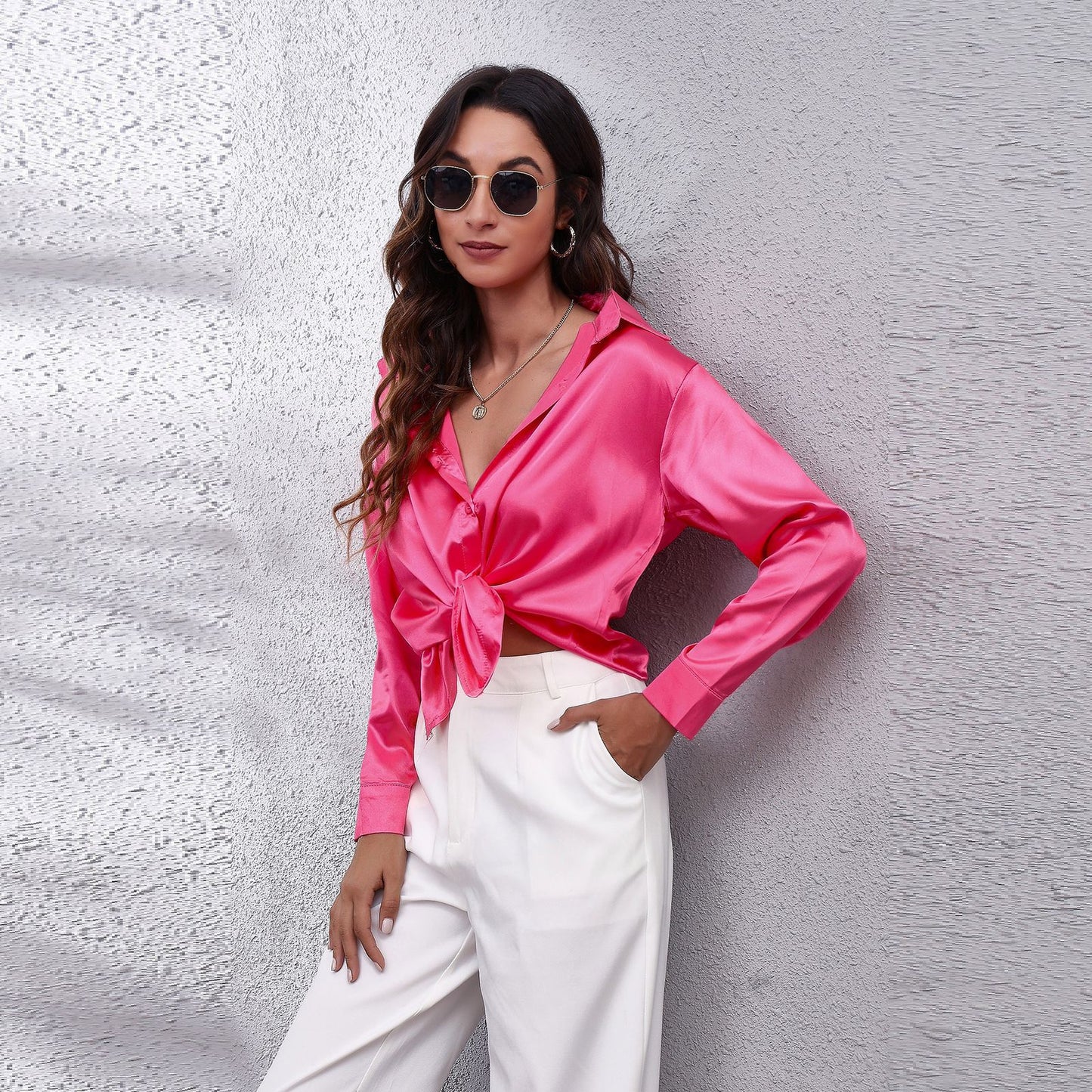 Simple Basic Solid Color Satin Long Sleeves Shirt