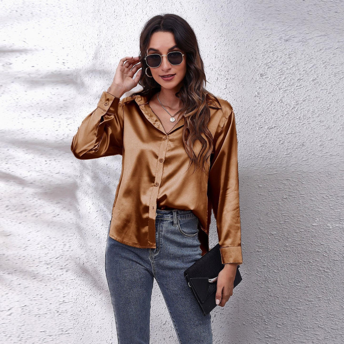 Simple Basic Solid Color Satin Long Sleeves Shirt