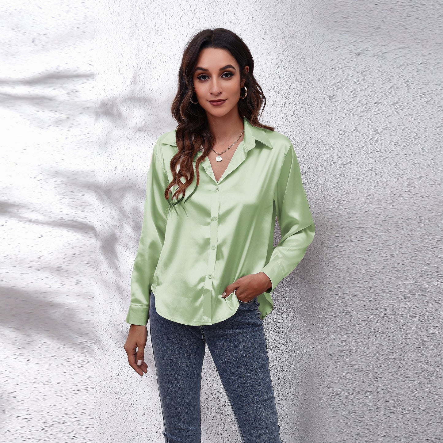 Simple Basic Solid Color Satin Long Sleeves Shirt