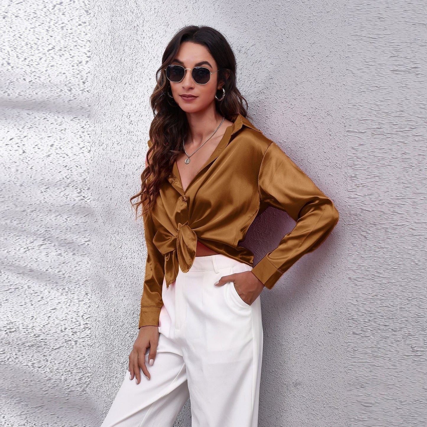 Simple Basic Solid Color Satin Long Sleeves Shirt