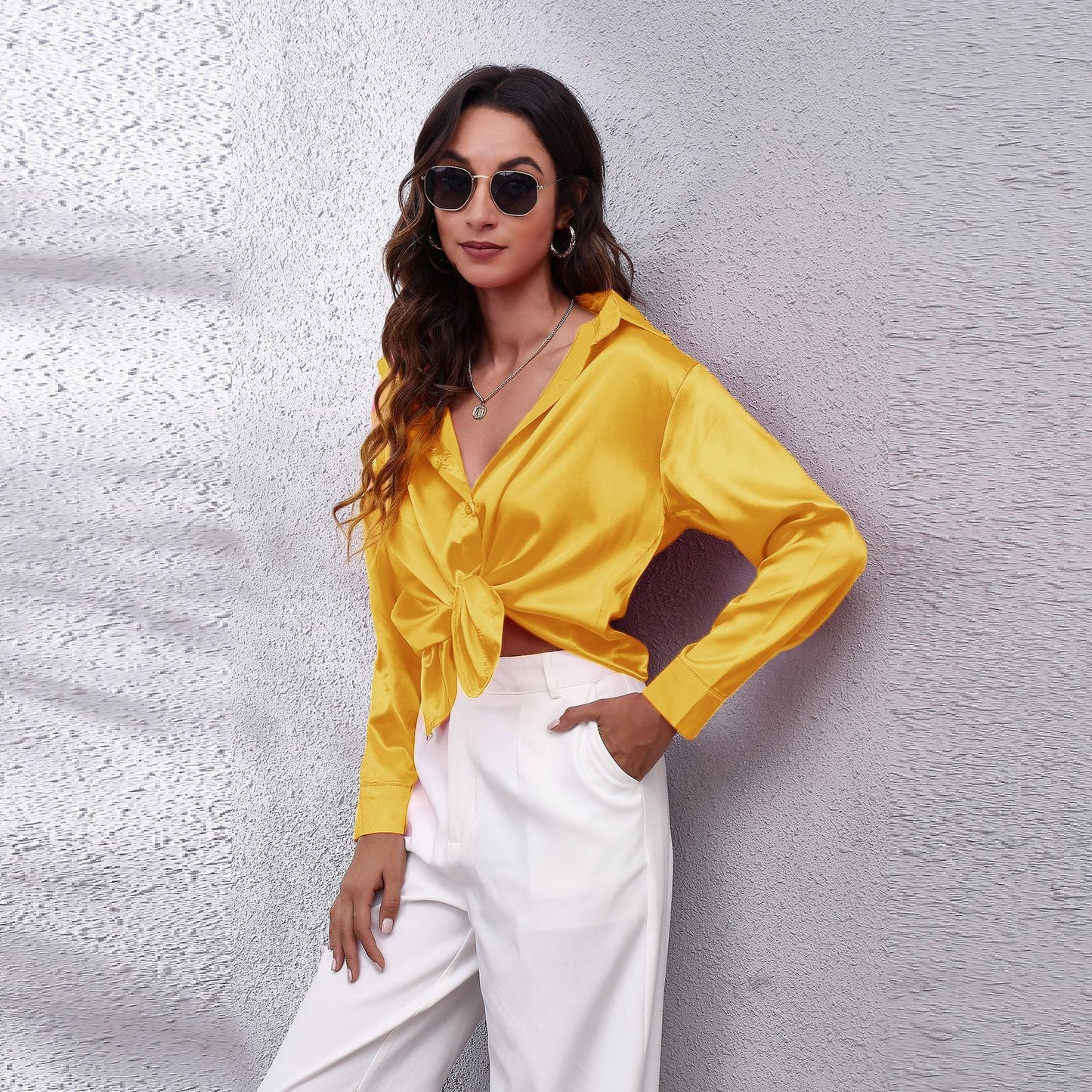 Simple Basic Solid Color Satin Long Sleeves Shirt