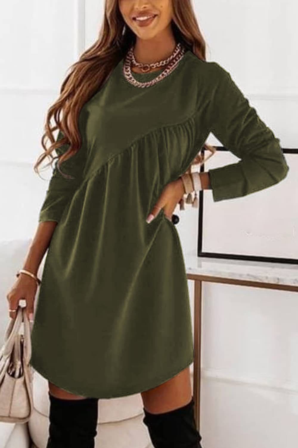 Chic Solid Color Ruched Long Sleeve Asymmetric Dress