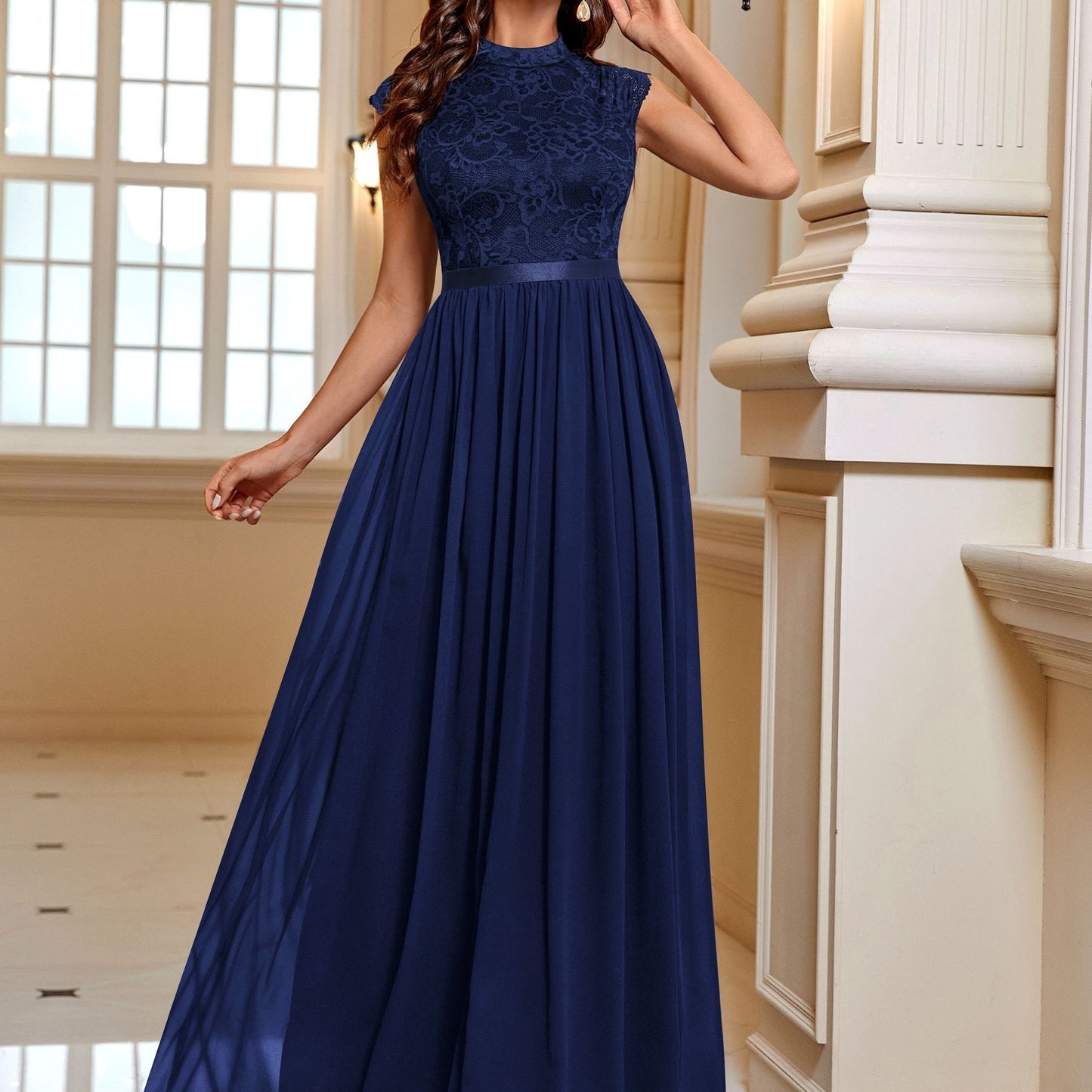 Lace Contrast Cap Sleeve Elegant Crew Neck Pleated Maxi Dress