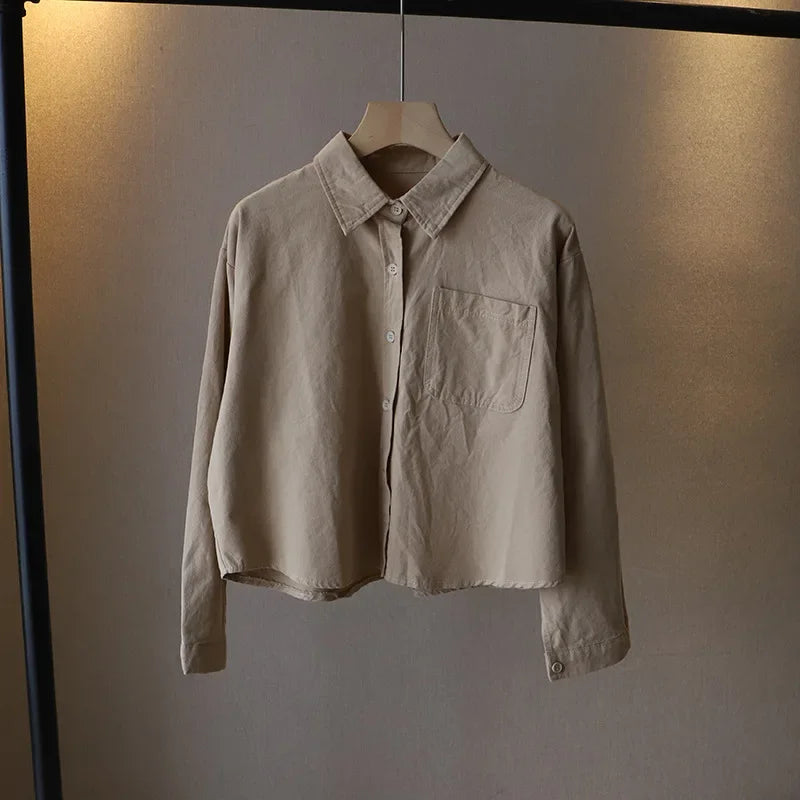 2023 Autumn New Korean Women's Fashion Large Pocket Solid Color Long-sleeved Loose Shirt