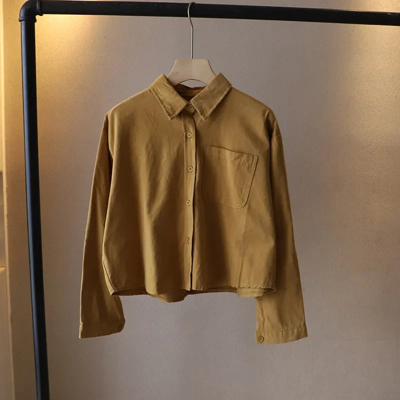 2023 Autumn New Korean Women's Fashion Large Pocket Solid Color Long-sleeved Loose Shirt