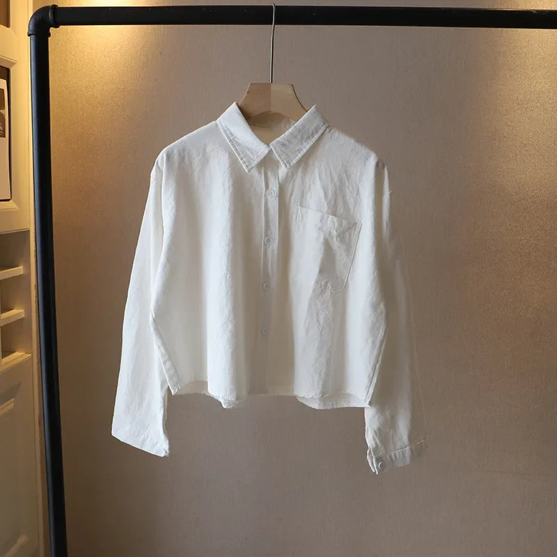 2023 Autumn New Korean Women's Fashion Large Pocket Solid Color Long-sleeved Loose Shirt