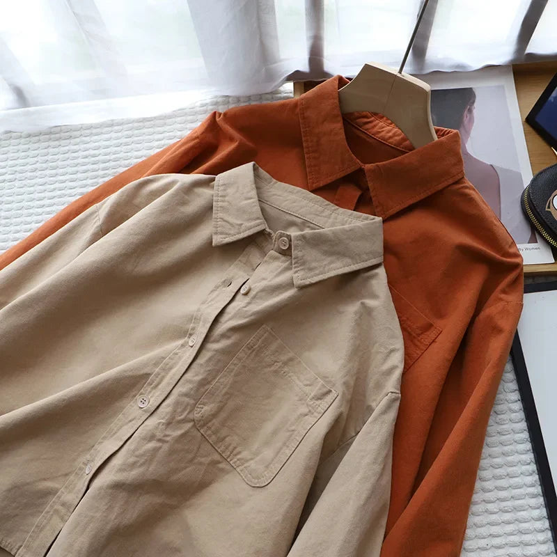 2023 Autumn New Korean Women's Fashion Large Pocket Solid Color Long-sleeved Loose Shirt