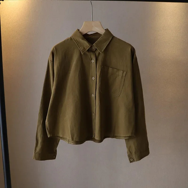 2023 Autumn New Korean Women's Fashion Large Pocket Solid Color Long-sleeved Loose Shirt