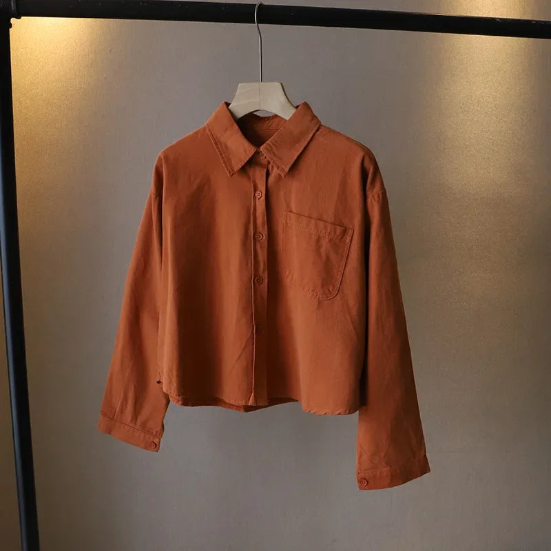 2023 Autumn New Korean Women's Fashion Large Pocket Solid Color Long-sleeved Loose Shirt
