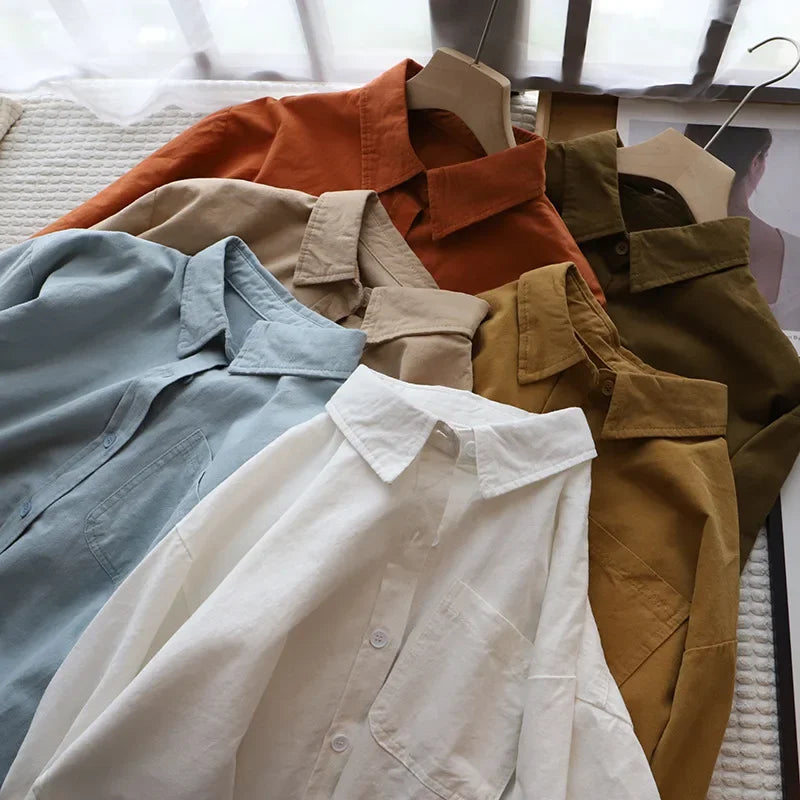 2023 Autumn New Korean Women's Fashion Large Pocket Solid Color Long-sleeved Loose Shirt