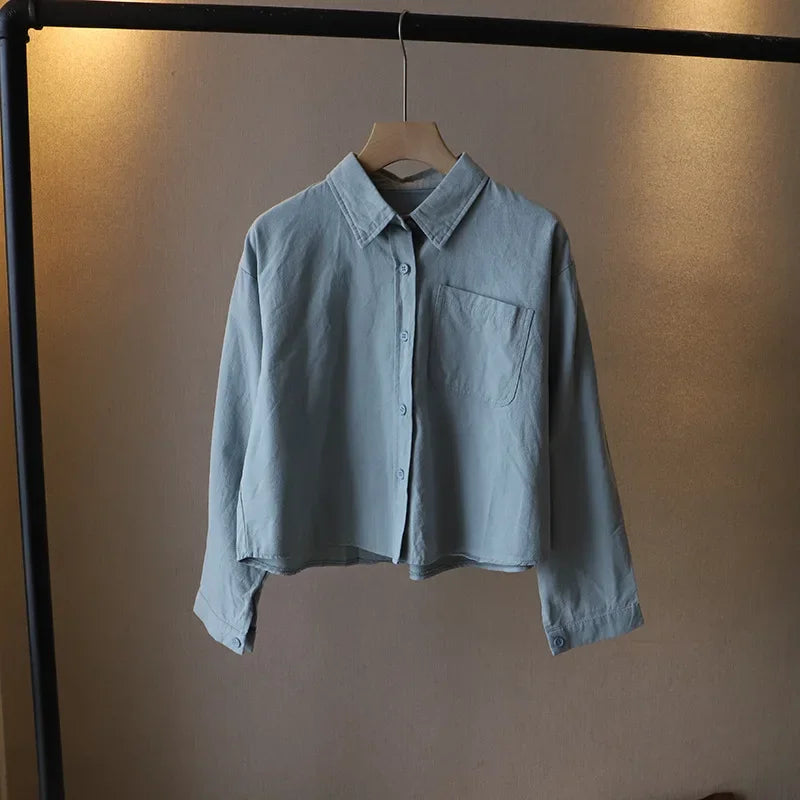 2023 Autumn New Korean Women's Fashion Large Pocket Solid Color Long-sleeved Loose Shirt