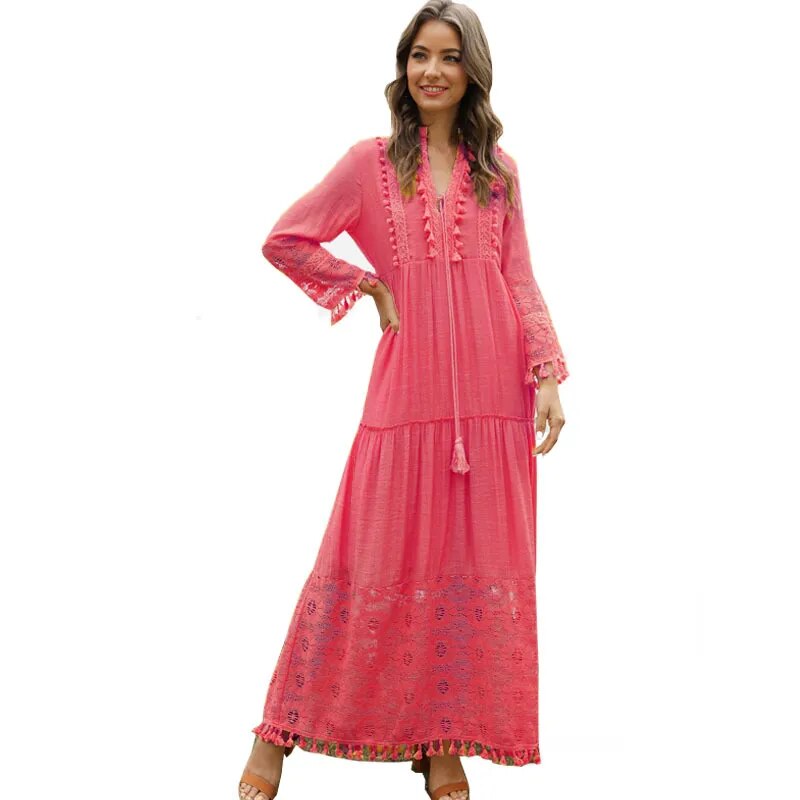 2023 Autumn Vintage V-neck Lace Stitching Long-sleeved Long Dress