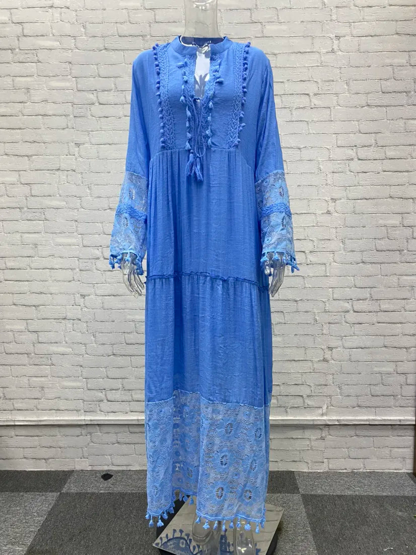 2023 Autumn Vintage V-neck Lace Stitching Long-sleeved Long Dress