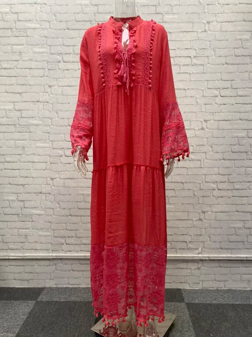 2023 Autumn Vintage V-neck Lace Stitching Long-sleeved Long Dress