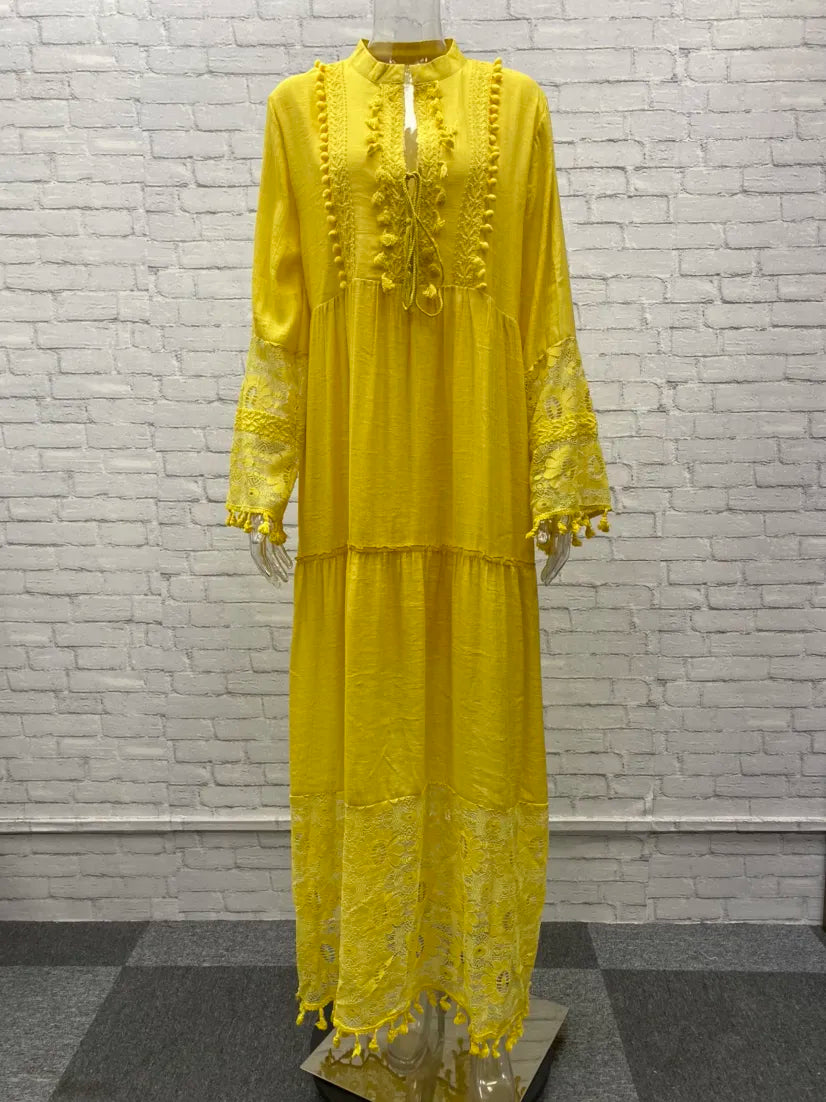 2023 Autumn Vintage V-neck Lace Stitching Long-sleeved Long Dress