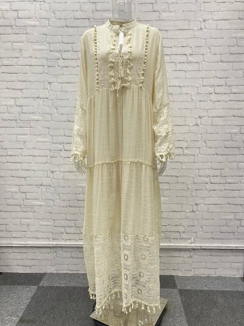 2023 Autumn Vintage V-neck Lace Stitching Long-sleeved Long Dress