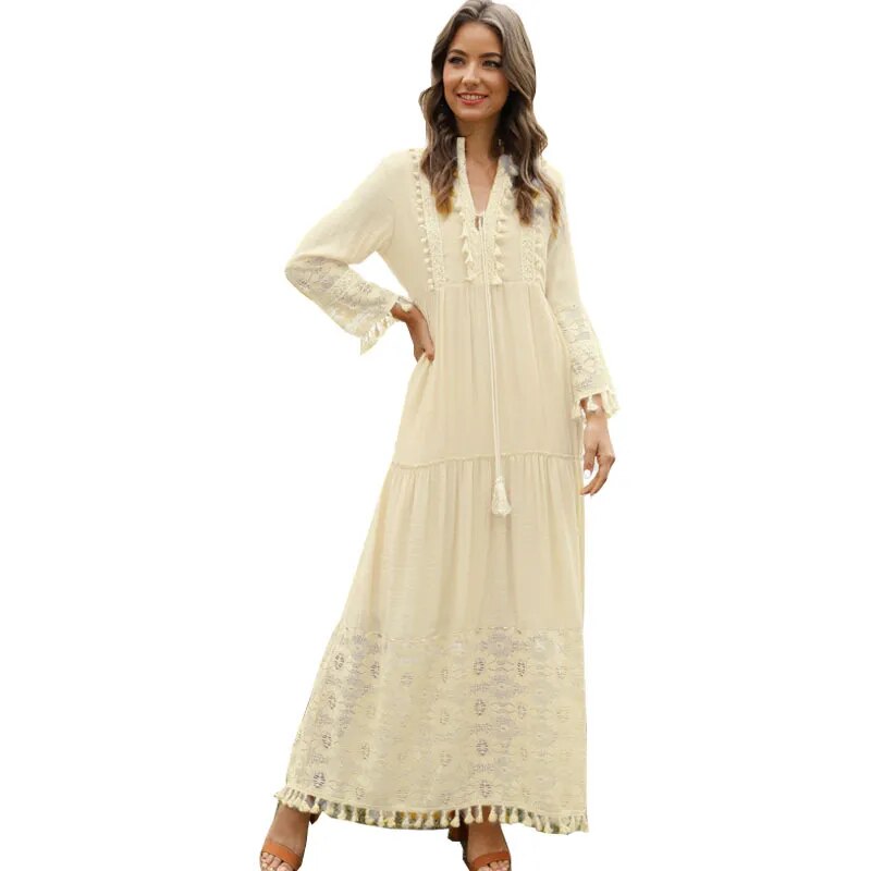 2023 Autumn Vintage V-neck Lace Stitching Long-sleeved Long Dress