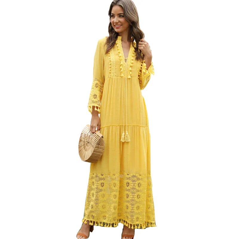 2023 Autumn Vintage V-neck Lace Stitching Long-sleeved Long Dress