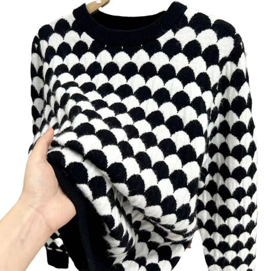 2023 Autumn and Winter New Sheep Fleece Two Color Jacquard Fish Scale Loose Women's Knitted Sweater