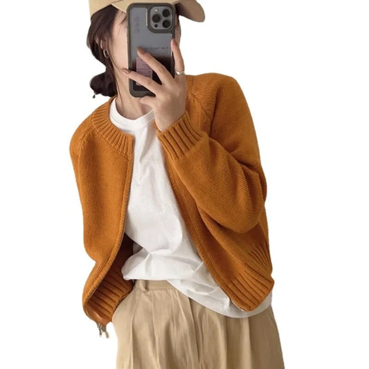 2023 Autumn and Winter New Thick Double Zipper Short Solid Color Sweater Knit Jacket Slim Coat
