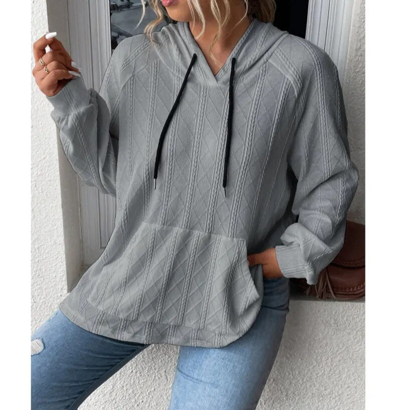 2023 Autumn and Winter New Women's Casual Jacquard Patch Pocket Loose Hooded Sweatshirt