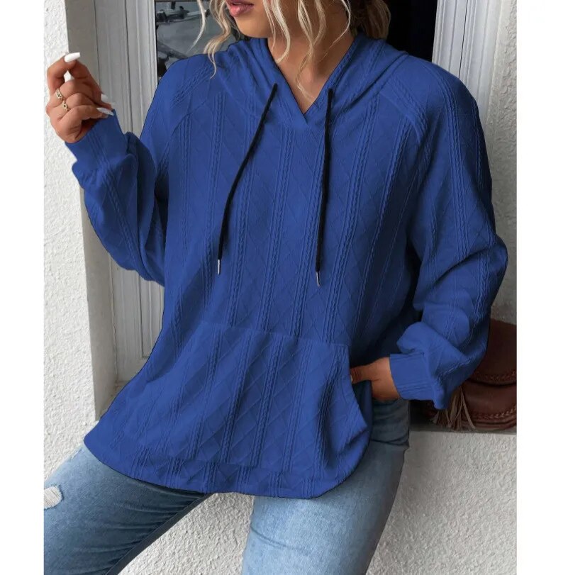2023 Autumn and Winter New Women's Casual Jacquard Patch Pocket Loose Hooded Sweatshirt