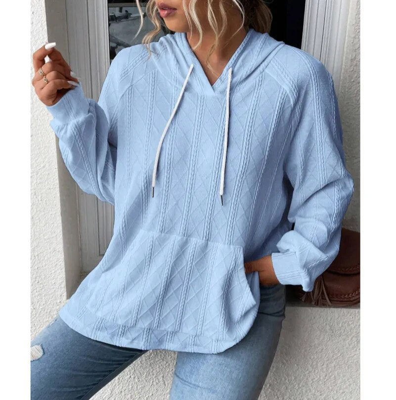 2023 Autumn and Winter New Women's Casual Jacquard Patch Pocket Loose Hooded Sweatshirt