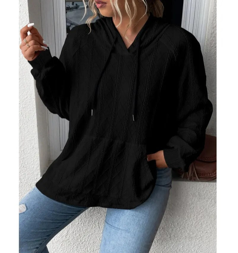 2023 Autumn and Winter New Women's Casual Jacquard Patch Pocket Loose Hooded Sweatshirt