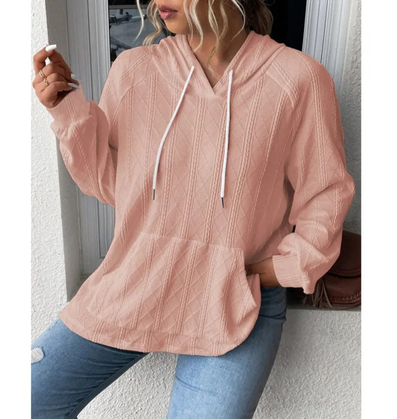 2023 Autumn and Winter New Women's Casual Jacquard Patch Pocket Loose Hooded Sweatshirt