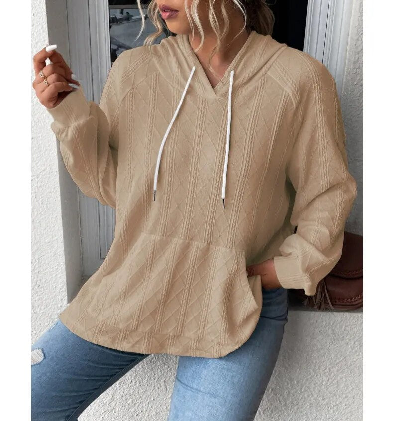 2023 Autumn and Winter New Women's Casual Jacquard Patch Pocket Loose Hooded Sweatshirt