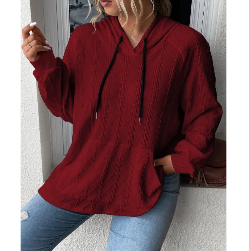 2023 Autumn and Winter New Women's Casual Jacquard Patch Pocket Loose Hooded Sweatshirt