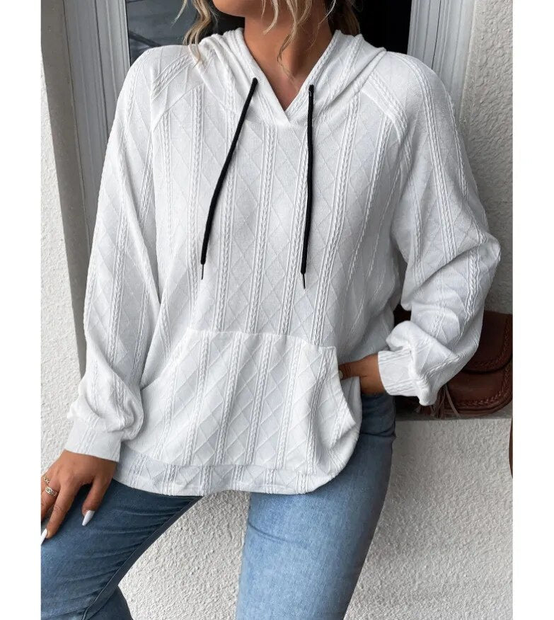 2023 Autumn and Winter New Women's Casual Jacquard Patch Pocket Loose Hooded Sweatshirt