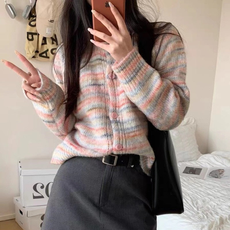 2023 Autumn and Winter Round Neck Knitted Sweater for Women with Gradient Rainbow Color