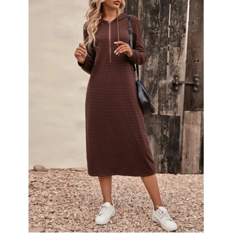 2023 Fall New Striped Hooded Slim Fashion Long-sleeved Dress