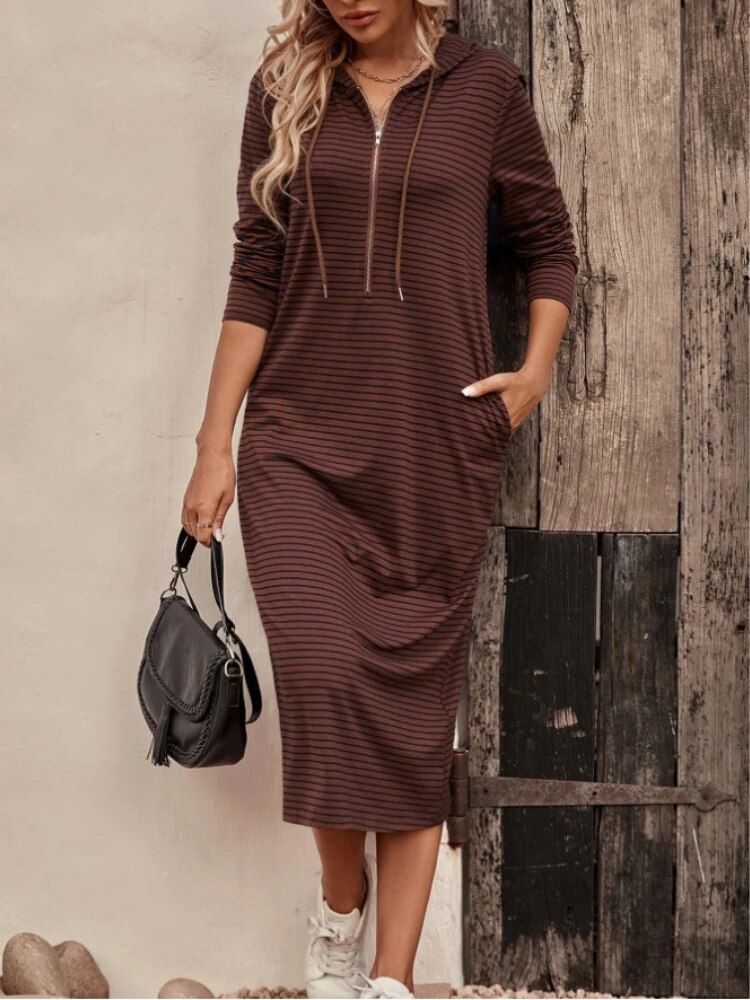 2023 Fall New Striped Hooded Slim Fashion Long-sleeved Dress