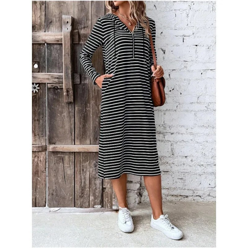 2023 Fall New Striped Hooded Slim Fashion Long-sleeved Dress
