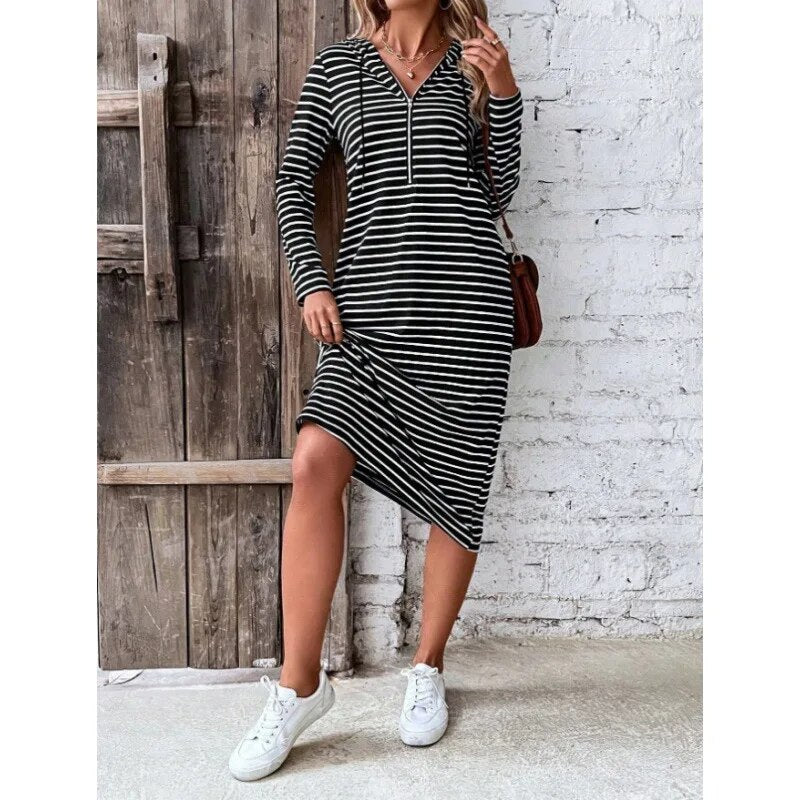 2023 Fall New Striped Hooded Slim Fashion Long-sleeved Dress