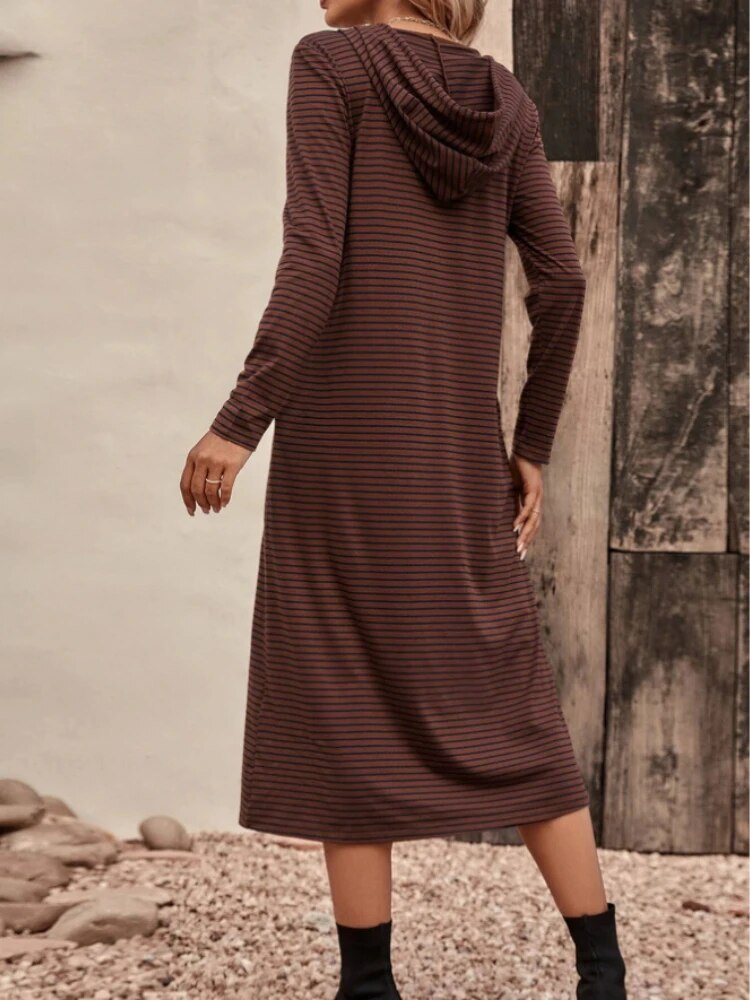 2023 Fall New Striped Hooded Slim Fashion Long-sleeved Dress