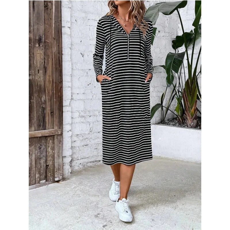 2023 Fall New Striped Hooded Slim Fashion Long-sleeved Dress