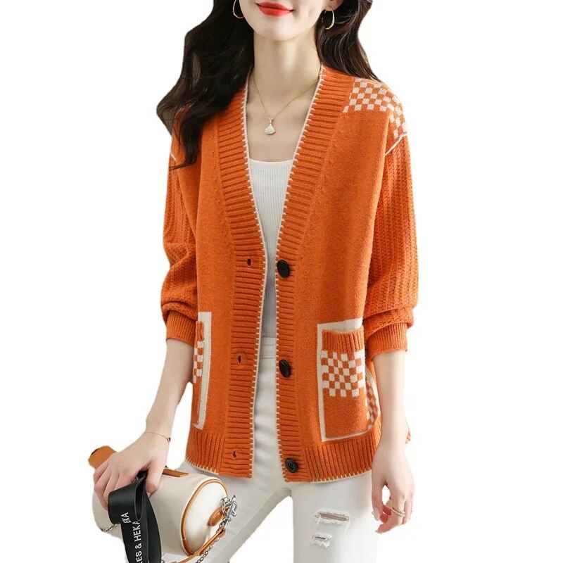 2023 Niche Print Casual Joker Long Sweater Knit Cardigan with Pocktets