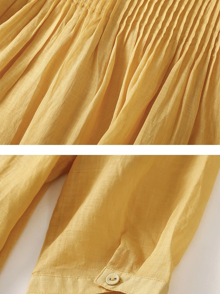 2023 Summer New Literary Retro Pleated Cotton Linen Large Size Loose Long Dress