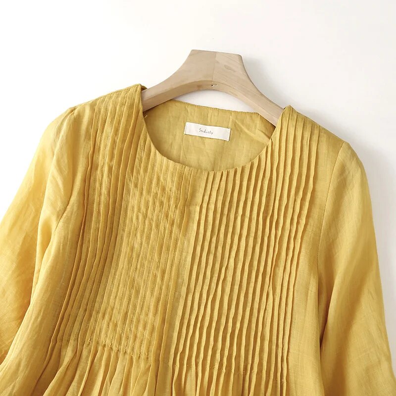 2023 Summer New Literary Retro Pleated Cotton Linen Large Size Loose Long Dress
