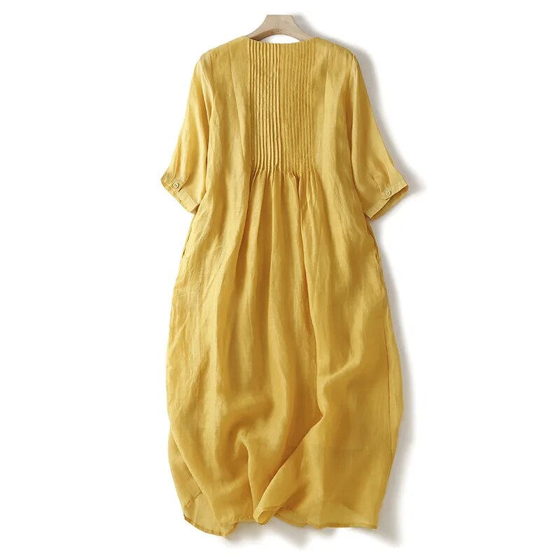 2023 Summer New Literary Retro Pleated Cotton Linen Large Size Loose Long Dress