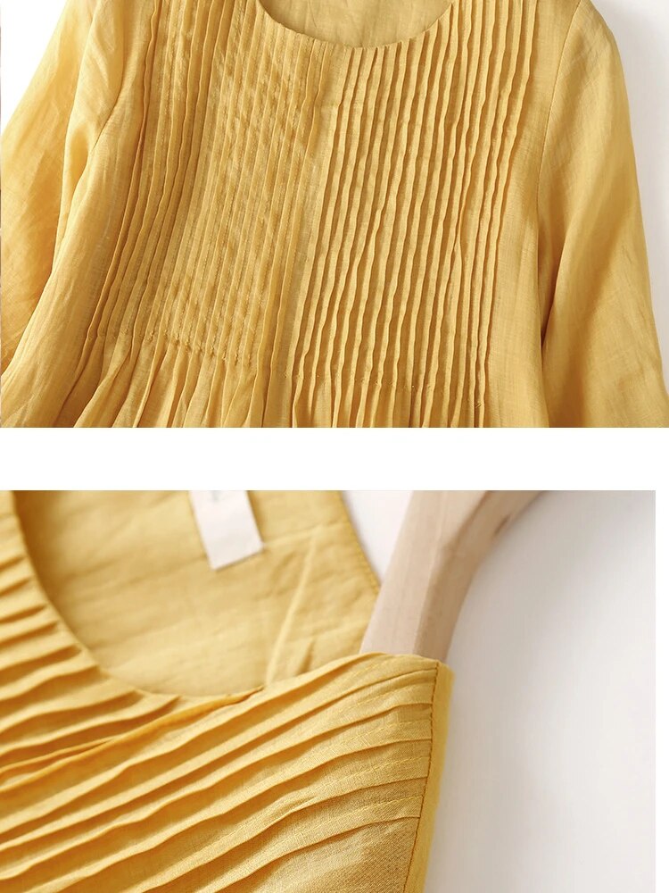 2023 Summer New Literary Retro Pleated Cotton Linen Large Size Loose Long Dress